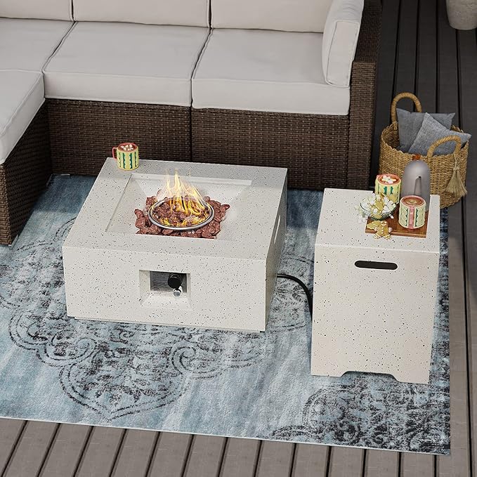SUNBURY Outdoor 28 Inch Propane Fire Pit Table, 40,000 BTU Spotted White Patio Gas Fire Table Set