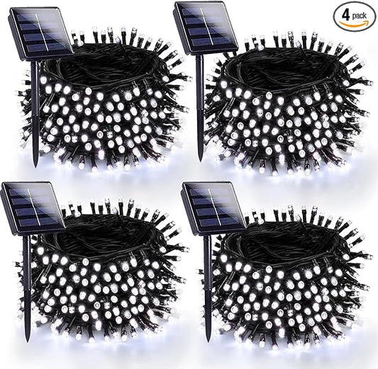 4 Pack 180FT Solar Christmas Lights Outdoor Waterproof, Super Bright 320 LED Solar String Lights with 8 Lighting Modes, Green Wire Solar Twinkle Fairy Lights for Outside Tree Xmas Party(Cool White)