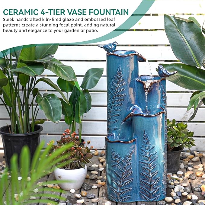 Autodaya Outdoor Water Fountain with Lights, 32" Ceramic Vase Fountain with 4-Tier Waterfall and Bird Decor, Tall Garden Waterfall with Turquoise Glaze & Tropical Fern for Patio, Yard, Balcony, Porch