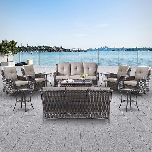 Belord Wicker Patio Furniture Sets - 13 Piece Outdoor Rattan Furniture Conversation Sets with 4 Swivel Rocker Chairs, 2 Rattan Sofas, Wicker Ottomans and Coffee Table, Brown/Grey