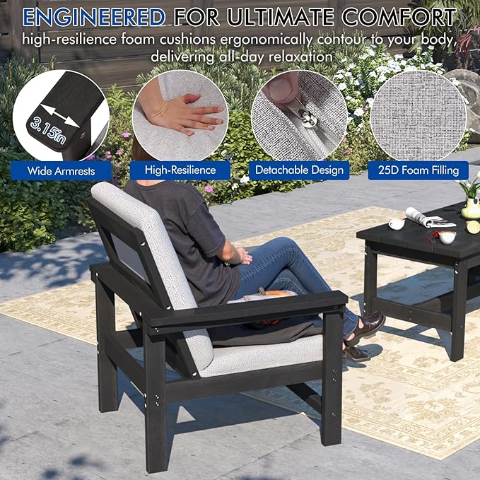 6-Piece HDPE Patio Furniture Set, All-Weather Outdoor Sectional Sofa Set w/Coffee Table+Side Table - Wood-Like Composite Conversation Couch for Deck, Lawn, Balcony - Black Frame with Cushion