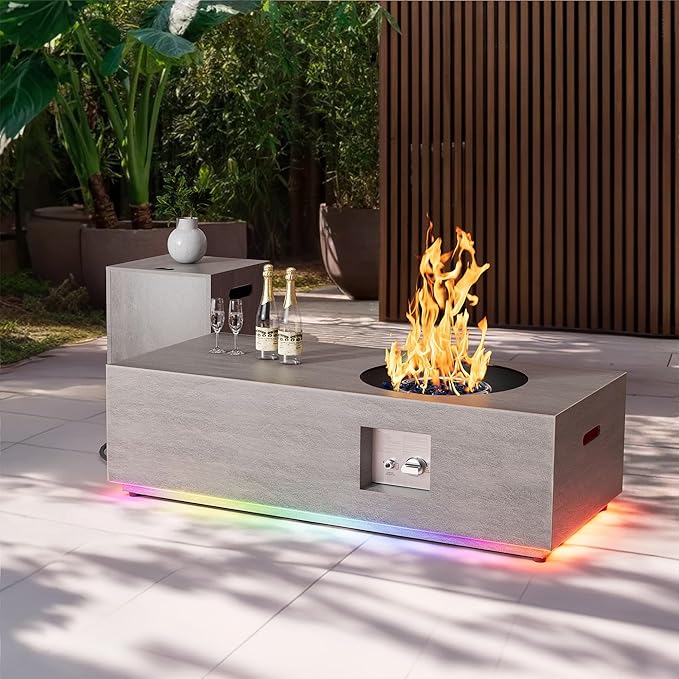 48" Propane Fire Pit Table Round Burner with Multiple Color LED Lights – 50,000 BTU Fire Pit Table with Lid, Rocks, Cover and Tank Storage - Outdoor Fireplace Table (Grey/RGB Light, 48" LED)