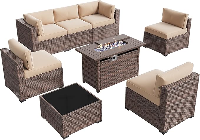 Aoxun Patio Furniture Sets, 8-Piece Outdoor Patio Furniture with 44'' Propane Gas Firepit Table, Wicker Outdoor Conversation Set Sectional Sofa for Backyard, Poolside, Garden