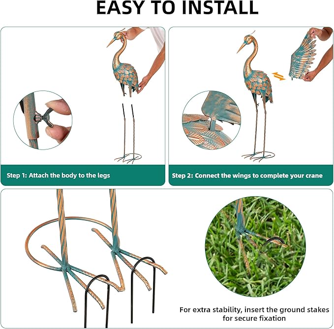 Ultym Extra-Large 36.8" Metal Crane Garden Statue, Handcrafted Blue Heron Decor Sculptures with Stable U-Ground Stakes, Backyard Decoration, Metal Garden Bird Animal Yard Art, Lawn Ornament Decor
