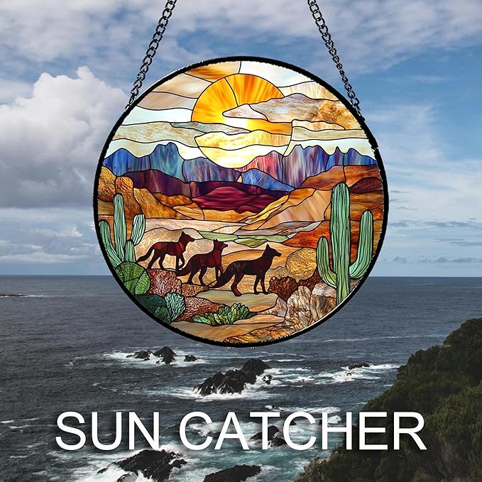 HKDGOKA Stained Glass Window Hanging Sunset Desert Landscape Wolf 7.8" - Suncatcher Door Garden Sunroom Sun Catcher Home Decor Birthday Christmas for Mom Men Woman Nana