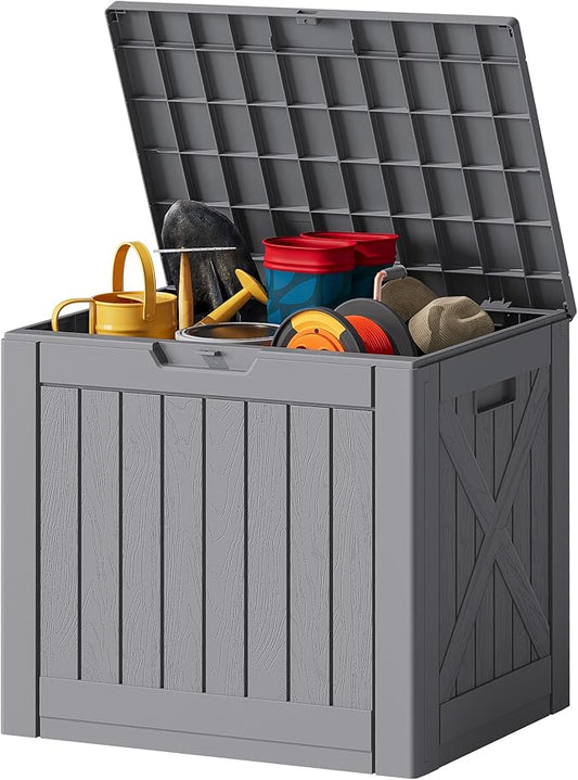 JUMMICO 42 Gallon Deck Box Waterproof, Resin Outdoor Storage Box with Side Handles, Outdoor Storage Benches Lockable for Patio Cushions and Garden Tools (Gray)