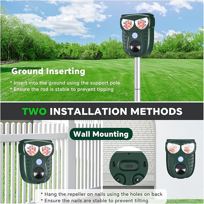 Solar Ultrasonic Animal Repellent Outdoor, Cat Squirrel Raccoon Dog Deer Repellent Device with Motion Detection, IP66 Waterproof Mouse Skunk Rodent Deterrent