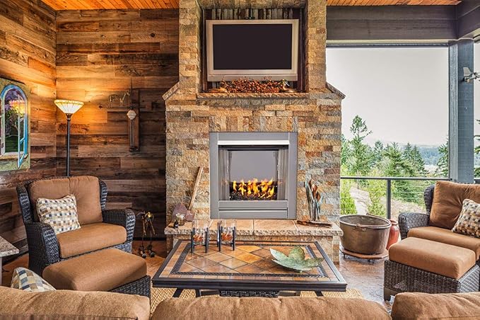 Duluth Forge DF450SS-G-RBLK Vent-Free Stainless Steel Outdoor Gas Fireplace Insert with Black Fire Glass Media, 24,000 BTU