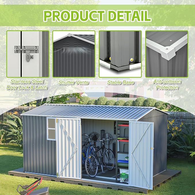 ZMAD Outdoor Storage Shed Metal, Large Garden Tool Sheds Outdoor with Lockable Doors, Waterproof Steel Utility Storage Building (Gray, 8X 12ft /Floor Frame)
