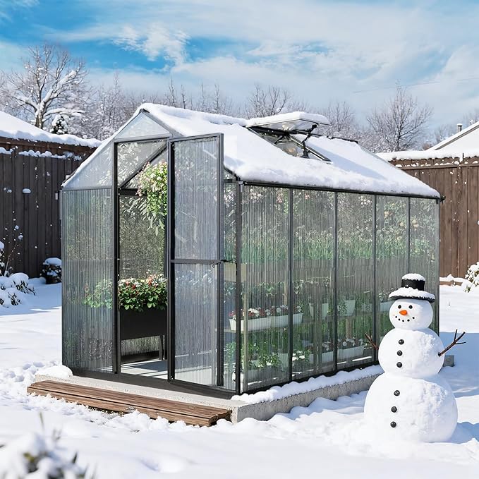 Aoodor 6 x 10 Ft Walk-in Greenhouse with Gutter, Polycarbonate and Heavy-Duty Aluminum Frame, Adjustment Skylight and Lockable 2-Sided Door for Patio, Outdoor, Yard, Lawn Use, Black