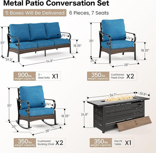 6 Piece Black Metal Outdoor Patio Furniture Sets with Firepit Table, Patio Conversation Sets 1 3-Seater Sofa, 2 Leg Sofa and 2 Rocking Sofa with 5.75" Cushion for Backyard Deck, Blue-2
