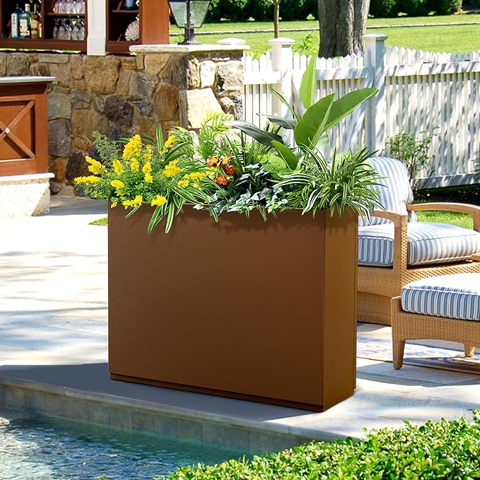 FENCY Metal Rectangular Planter Box for Outdoor - Large Planters with Drainage Holes (35.4" L x 9" W x 25.6" H, Brown)