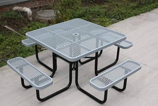 46Inch Square Picnic Table for 8 Person, Outdoor Heavy Duty Sturdy Picnic Tables with 4 Benches & Umbrella Hole, Commercial Metal Patio Picnic Table for Garden, BBQ, Coffee Store, Party, Porch (Grey)