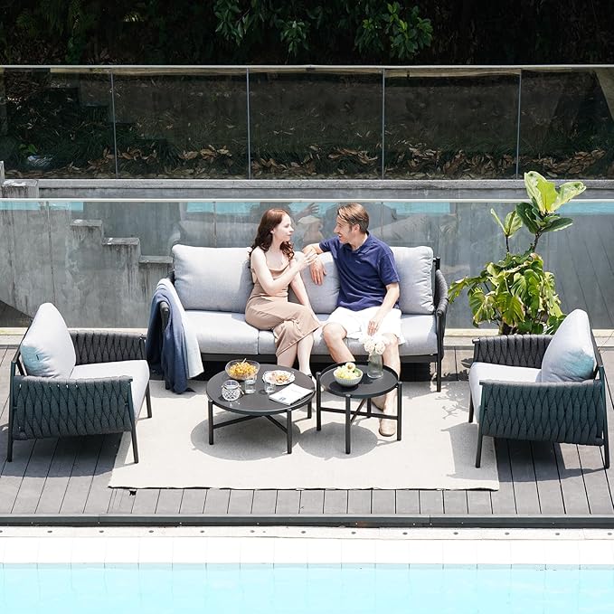 Grand patio 5-Piece Outdoor Furniture Set, Outdoor Sofa Set with 2 Round Side Tables, Modern Metal Patio Couch with Thick Waterproof Cushions for Porch Deck Backyard, Dark Grey