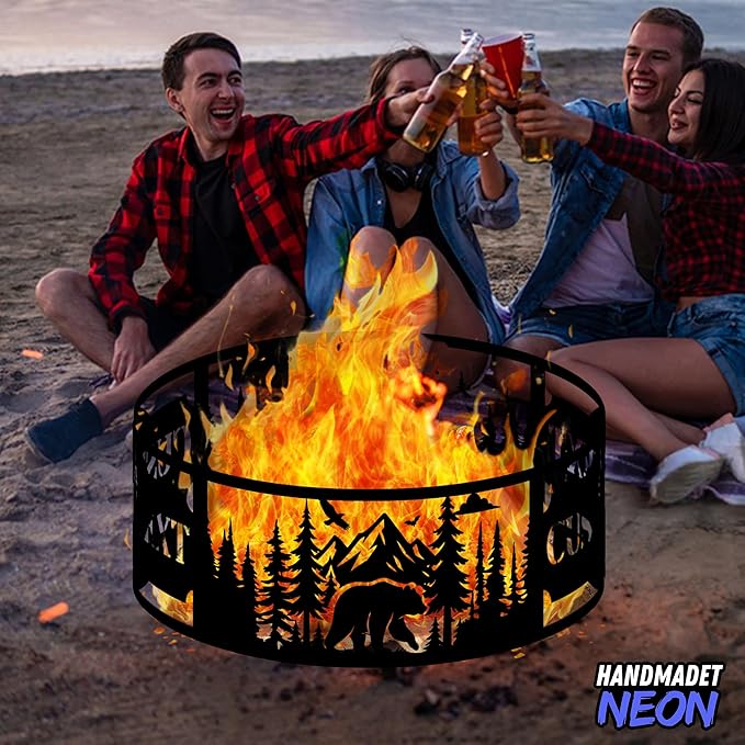 Personalized Forest Bear Fire Pit Ring 360 Degree, Custom Outdoor Campfire Round Firepit, Pits Gifts for Wood Burning, Fireplace, Camping Essentials, Bonfire, Raised Garden Bed
