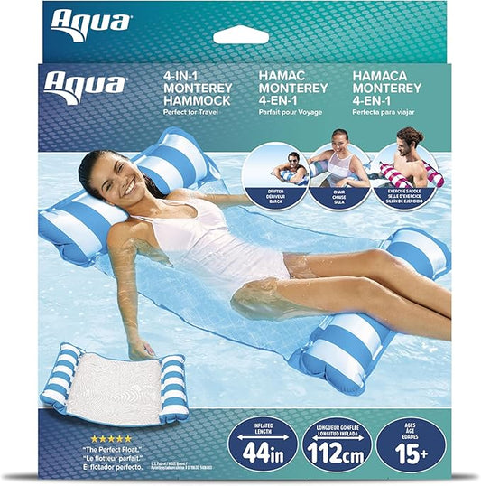 Aqua 4-in-1 Monterey Hammock Pool Float & Water Hammocks, 1-2-3-4 Multipacks – Multiple Colors/Styles – for Adults and Kids Floating