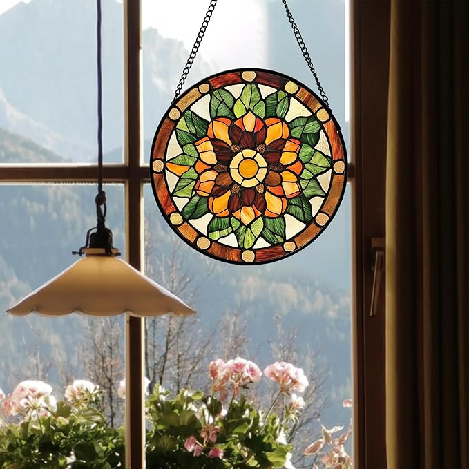 AMDERVEN Stained Glass Window Hanging - Yellow Green Boho Style Flowers Sun Catcher for Door Garden Home Decor Suncatcher Christmas Mother's Day Birthday Gifts for Women Mom Girl Nana Friend 7.8 in