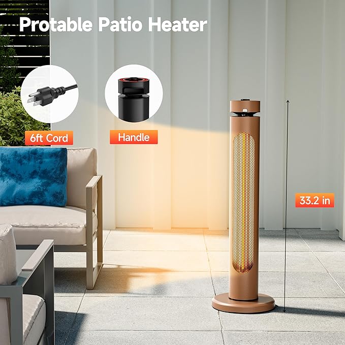 Portable Heater Outdoor Infrared 1500W 8 Heat Levels 8H Timers Carbon Fiber Tube Tip-Over&Overheat Protection IP45 Waterproof Electric Garden Heater, Deep Brown