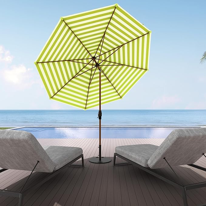 Midtown Umbrellas Wooden 2-9 Feet Outdoor Patio Umbrella, Terylast Green & White Stripes Fabric, Aluminum Frame For Backyard Umbrella, Deck Umbrella, Garden Umbrella & Pool Umbrella - Wooden Pole