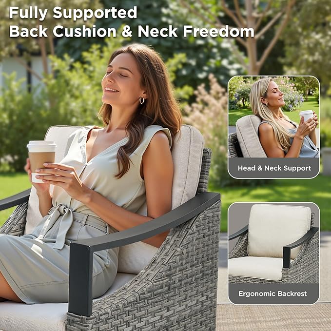 Wicker Outdoor Patio Furniture Set - 9 Pieces Patio Conversation Sets with Wicker Swivel Rocker Chairs, Deep Seat Sectional Sofa with Thick Cushions Ottomans for Porch Balcony Deck Gray/Beige