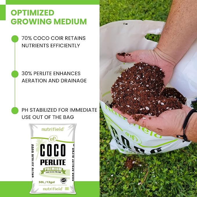 Nutrifield Coco Coir Perlite Mix, 50 Liter Bag- 70/30 Blend - Pre Buffered with Calcium, Organic Coconut Coir & Perlite for Plants - Garden Soil for Hydroponic, Indoor - Outdoor Garden & House Plant