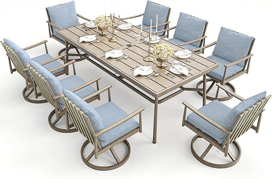 HAPPATIO 9-Piece Patio Dining Set for 8, Aluminum Outdoor Dining Set with Cushions, 8 Swivel Dining Chairs, 1 Large Rectangular Table with Umbrella Hole for Lawn, Porch, Backyard, Brown