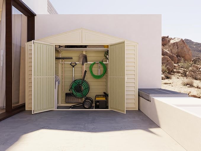 Duramax SidePro 10.5 Ft. x 3 Ft. Vinyl Garden Storage Shed | Made of Fire Retardant PVC Resin, All-Weather, Waterproof Outdoor Solution, Store Bikes, Tools, BBQ, Home Gym | Strong Metal Roof Structure