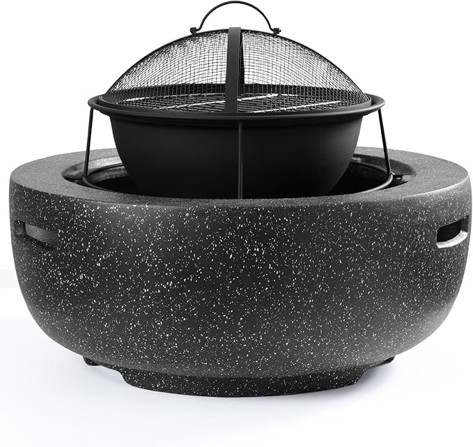 Outdoor Round Fire Pit 23.5” Faux Concrete Burning Firepit Portable Charcoal Grill for Patio Garden Backyard Barbecue, with Spark Screen, Firebowl, Poker, Stainless Steel Rack