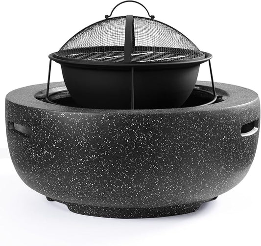 Outdoor Round Fire Pit 23.5” Faux Concrete Burning Firepit Portable Charcoal Grill for Patio Garden Backyard Barbecue, with Spark Screen, Firebowl, Poker, Stainless Steel Rack