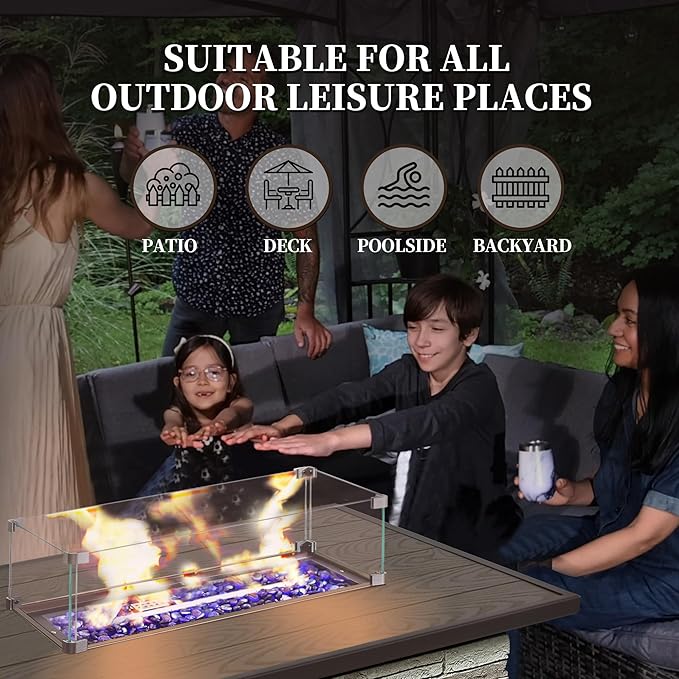 PIZZELLO 43 Inch Propane Fire Pit Table Outdoor Stone Firepit Table Rectangular 50000 BTU Propane Fire Tables for Outside Patio with Wind Guard, Table Lid, Fire Beads, Cover,Pizzello Caldo (Gray)