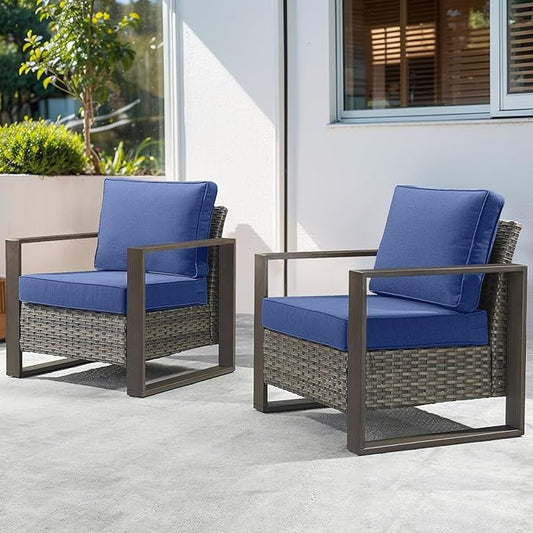 Belord Patio Wicker Chairs Set of 2-350 LBS Weight Capacity Wicker Outdoor Club Chair Set with Metal Wide Armrests for Porch Deck Sunroom Backyard