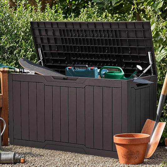 YITAHOME 100 Gallon Resin Deck Box, Weather Resistant Outdoor Storage Box, Lockable Indoor Outdoor Storage for Supplies and Essentials, Dark Brown