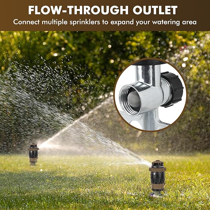 [2 Pack] RESTMO Gear Drive Sprinkler with Metal Spike Base, 5-Pattern Heavy Duty Gardening Watering System, Multi-Adjustable Lawn Sprinkle for Garden Plant, Flower Bed and Large Yard Area, Brown