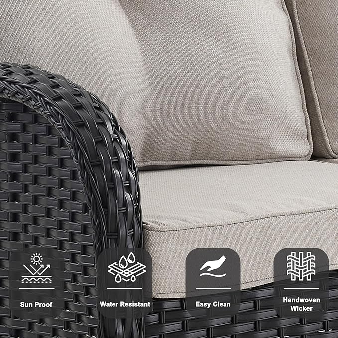 Belord 5 Piece Wicker Patio Furniture Set - Outdoor Conversation Sets with Deep Seating Swivel Rocker Chairs Loveseat and Rattan Coffee Table for Deck Backyard Poolside, Black Wicker/Beige Cushion