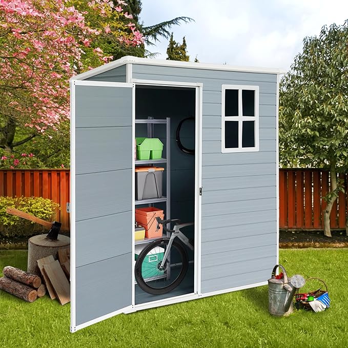 Storage Shed 5x3 ft Outdoor Storage Shed with Floor, Lean to Resin Shed with Window, Lockable Door Plastic Tool Sheds, Waterproof Shed for Garden, Patio, Backyard, Yard, Lawn, Grey