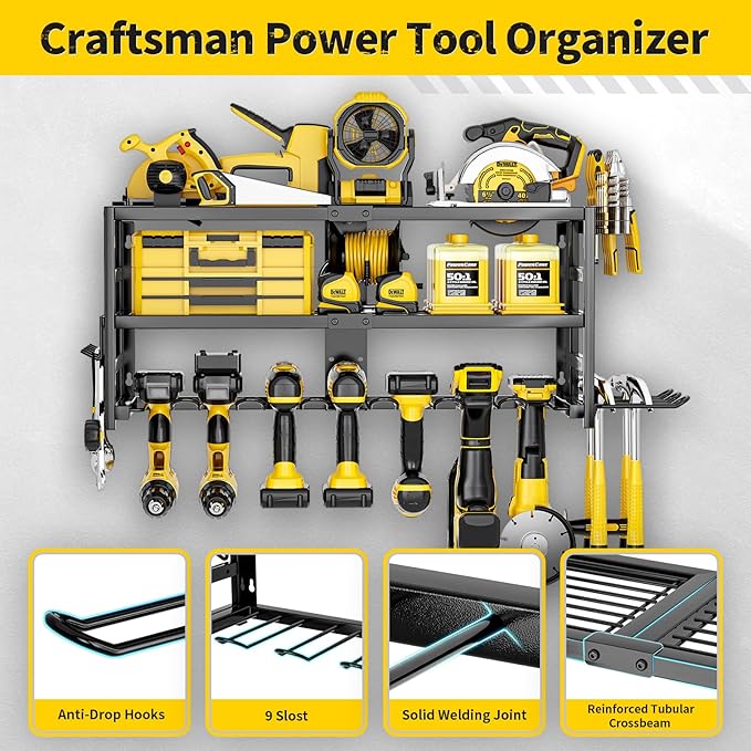 Power Tool Organizer Wall Mount Heavy Duty 320 lbs, 3-Tier Rack with 9 Drill Holders & Battery Storage for Garage, Workshop & Tool Room，Gifts for Men Who Have Everything