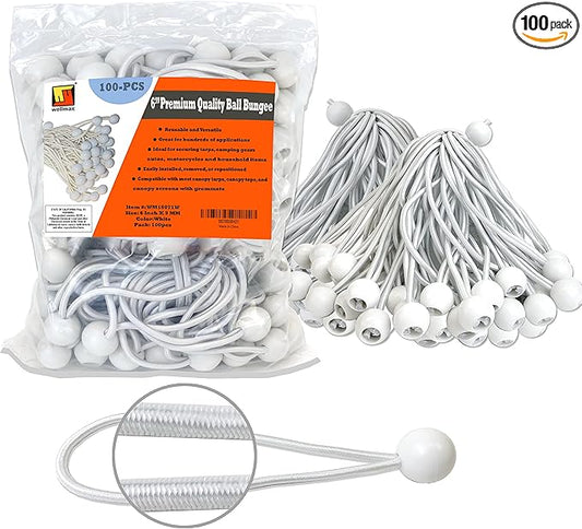 6 inch 100 Piece Heavy Duty 5mm Ball Bungee Canopy Cord by Wellmax, White Color