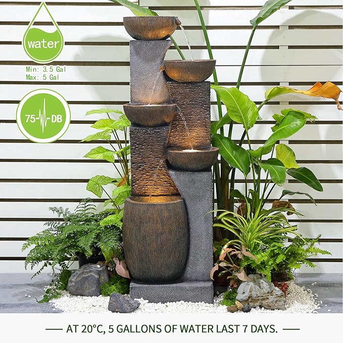 Bumilgar Outdoor Water Fountain - 51.4 Inches 5 Tired Modern Indoor Floor Standing Outdoors Fountains with Lights Pump for Garden Patio Backyard Porch Home Art Decor