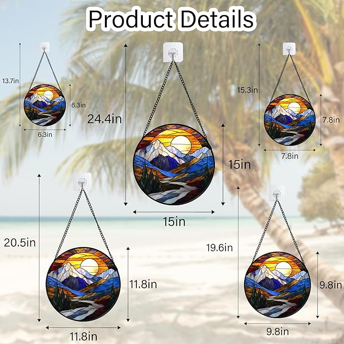 AMDERVEN Stained Glass Window Hanging, Yellow Blue Sunset Mountains Scenery Sun Catcher for Window Home Decor Landscape Suncatcher Mother's Day Birthday Gifts for Women Men Mom and Nana 15 in
