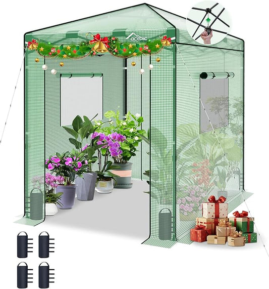 8x6 Instant Pop up Greenhouses, Indoor Outdoor Portable Greenhouse Walk-in, Small Green House for All Season with Roll-Up Zipper Doors and Side Windows, 4 Sandbags, Pe Cover, Green/Clear