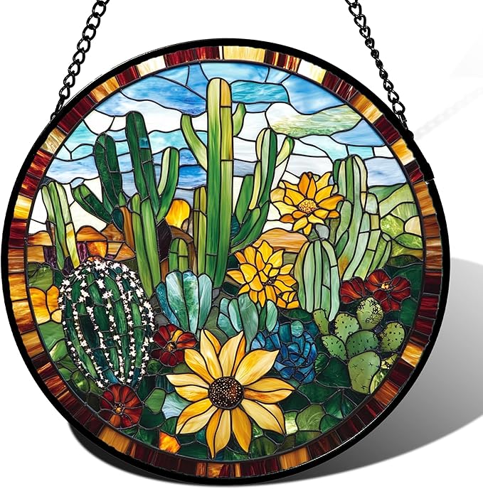 QZQCBLC Stained Glass Window Hanging Green Cactus with Yellow Flowers 6.3" - Suncatcher Door Garden Sun Catcher Home Decor Birthday Christmas for Mom Men Woman Friend Nana