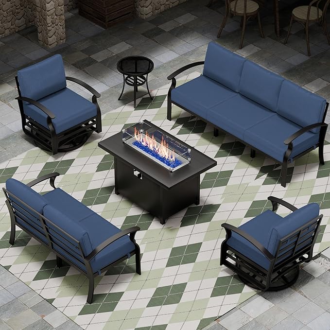 Aluminum Patio Furniture Set with Fire Pit Table, 7 Seats Outdoor Patio Conversation Sets with Swivel Chair Modern Metal Patio Sectional Sofa with Upgrade Cushions for Patio, Backyard Navy