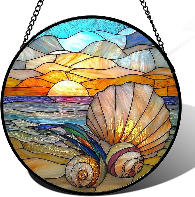 AMDERVEN Stained Glass Window Hanging - Colorful Beach Shells Conch Sun Catcher for Door Home Decor Ocean Suncatcher Christmas Mother's Day Birthday Sea Lover Gifts for Women Men Mom Nana 11.8 in