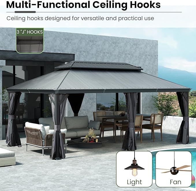 Domi 12' X 20' Hardtop Gazebo, Upgraded Metal Gazebo with Dual-Layer Resin Roof, Drainage System, Curtain and Netting, Outdoor Shelter Canopy for Patio, Garden, and Backyard, Grey