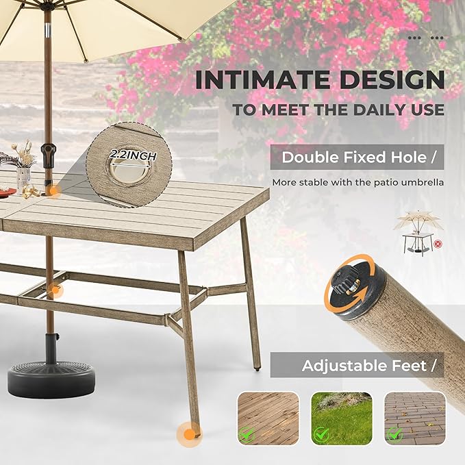 HAPPATIO 9-Piece Patio Dining Set for 8, Aluminum Outdoor Dining Set with Cushions, 8 Swivel Dining Chairs, 1 Large Rectangular Table with Umbrella Hole for Lawn, Porch, Backyard, Brown