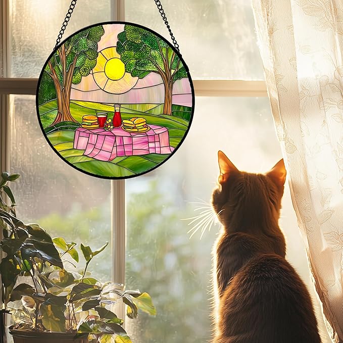 AMDERVEN Stained Glass Window Hanging 4 Pcs Set Pink Green Spring Saplings Flowers 6.3" - Suncatcher Door Garden Sun Catcher Home Decor Mother's Day for Woman Nana Mom Men