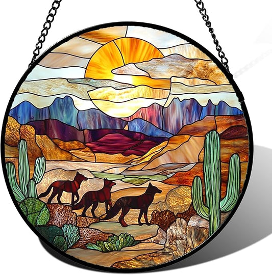 HKDGOKA Stained Glass Window Hanging Sunset Desert Landscape Wolf Large 11.8" - Suncatcher Door Garden Sunroom Sun Catcher Home Decor Birthday Christmas for Mom Men Woman Nana