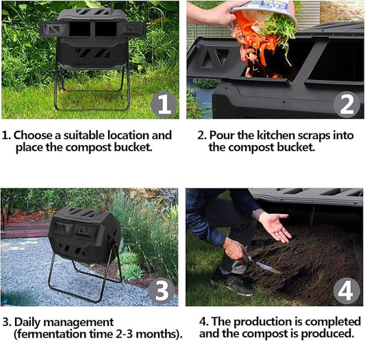 Saturnpower Large Composting Tumbler Dual Chamber Outdoor Garden Rotating Compost Bin Tumbling Composter with Sliding Door (43 Gallon, Black)