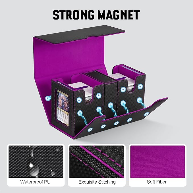 ZLCA Card Deck Box with Commander window Display, MTG Deck Box with Dice Tray Holds 200+ Double-Sleered Cards,Card Storage Case fit for YuGiOh,MTG,Sport (Black&Purple)