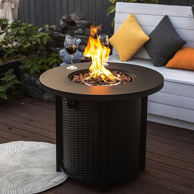 Propane Fire Pit Table, 30 Inch Steel Firepits for Outside, Round Gas Fire Pit for Outside Patio, Propane Fire Table for Patio, Backyard, Pool, 50,000 BTU, Tank Inside, Black